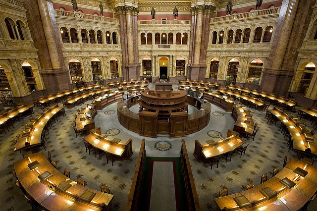 photo of Main Reading Room. View from above showing researcher desks. Library of Congress Thomas Jefferson Building, Washington, D.C.