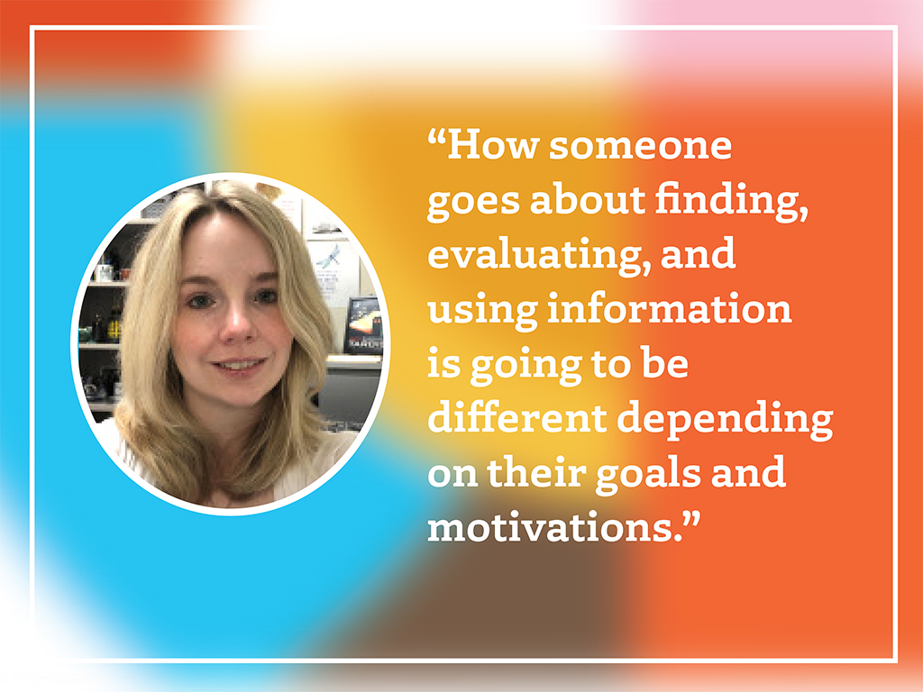 a photo of author Alison Hosier with the quote "how someone goes about finding, evaluating, and using information is going to be different depending on their goals and motivation."