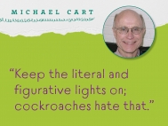 a photo of author Michael Cart promoting an interview on YA lit, censorship, and his new book